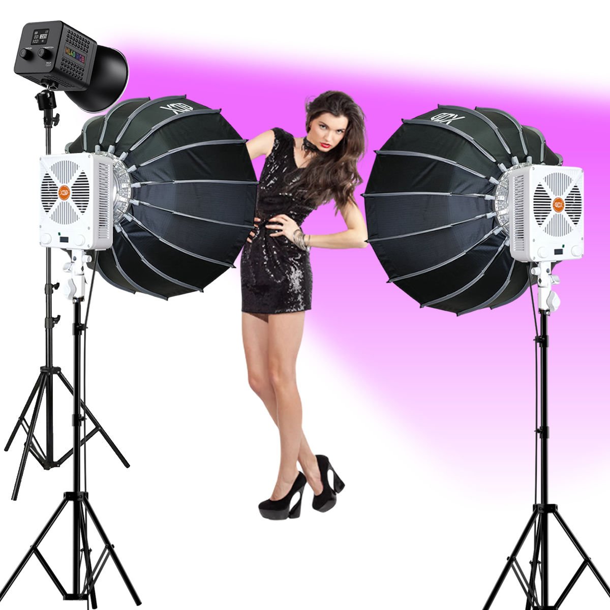 Gdx ML-Kit RGB 3 COB LED Sürekli Video ve Fotoğraf Işık Seti + QPG90 Parabolik Gridli 90cm Softbox