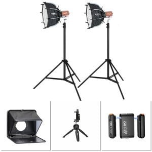 PDX KY-BKO323 İkili Led Işık, Lensgo TC7 Prompter, Lensgo 318C Mini Mikrofon ve Tripod Kit