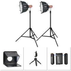 PDX KY-BKO323 İkili Led Işık, Lensgo TC7 Prompter, Lensgo 318C Mini Mikrofon ve Tripod Kit